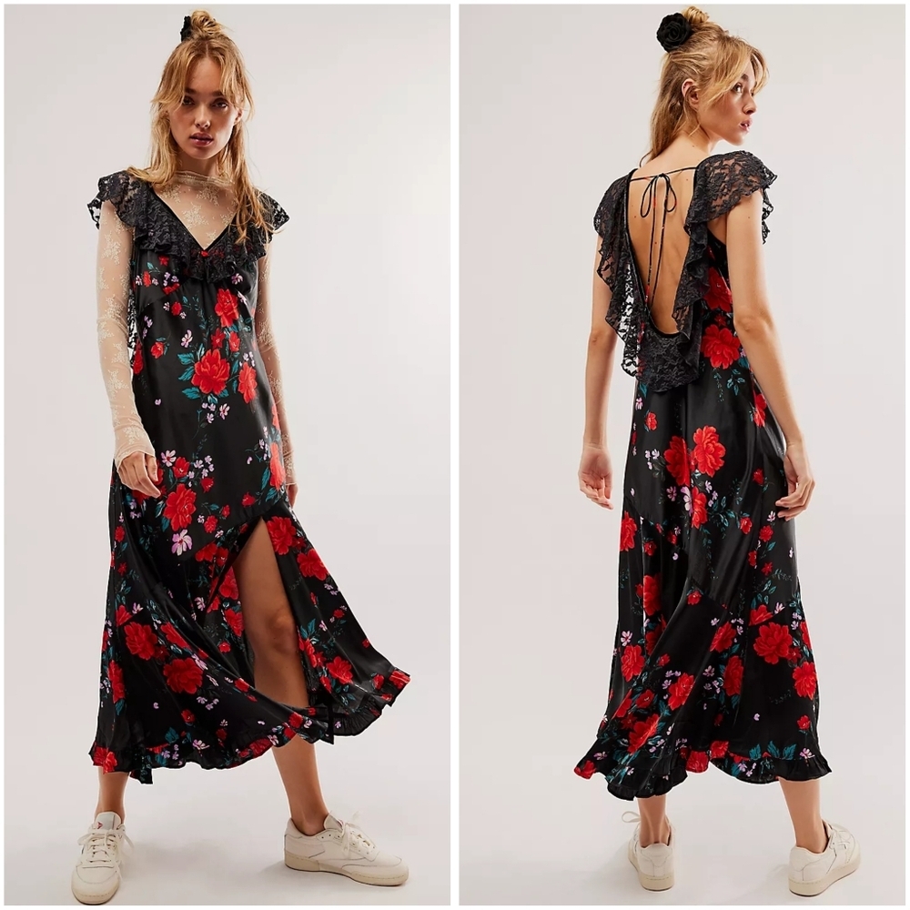 Free People Warm Hearts Midi Sun Dress Black Combo Large Sundress NWT New